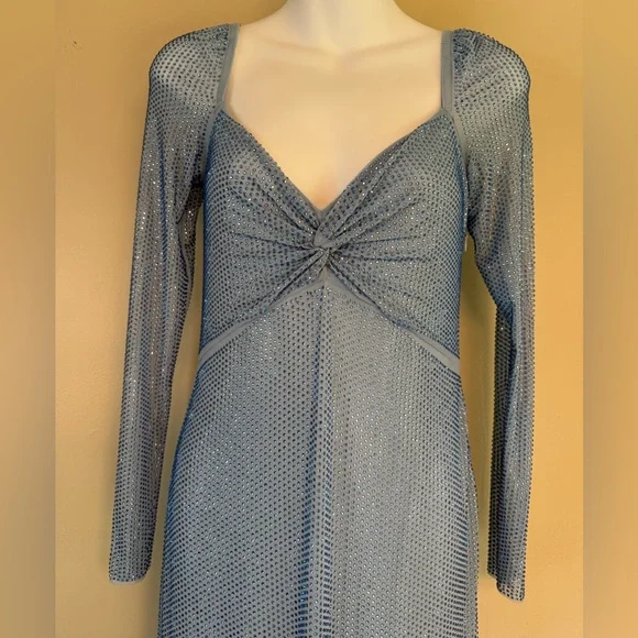 Self-Portrait Iridescent Blue Crystal Rhinestone Long Sleeve Maxi Gown Size 4 - Picture 5 of 16